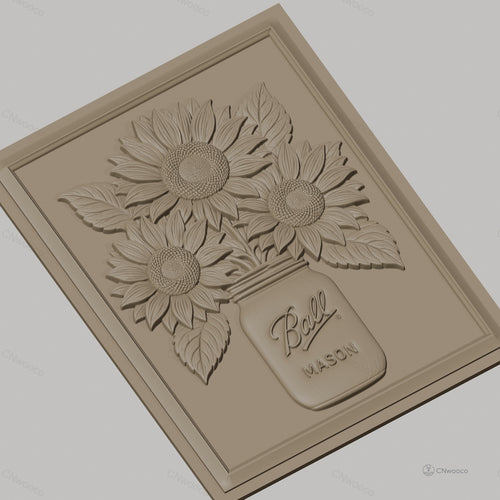 Fichier CNC & impression 3D bouquet de tournesols dans bocal Mason, relief floral haute qualité relief STL