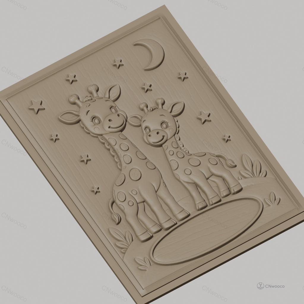 Fichier CNC & impression 3D girafes bébé et mère, étoiles et lune, haute qualité relief STL