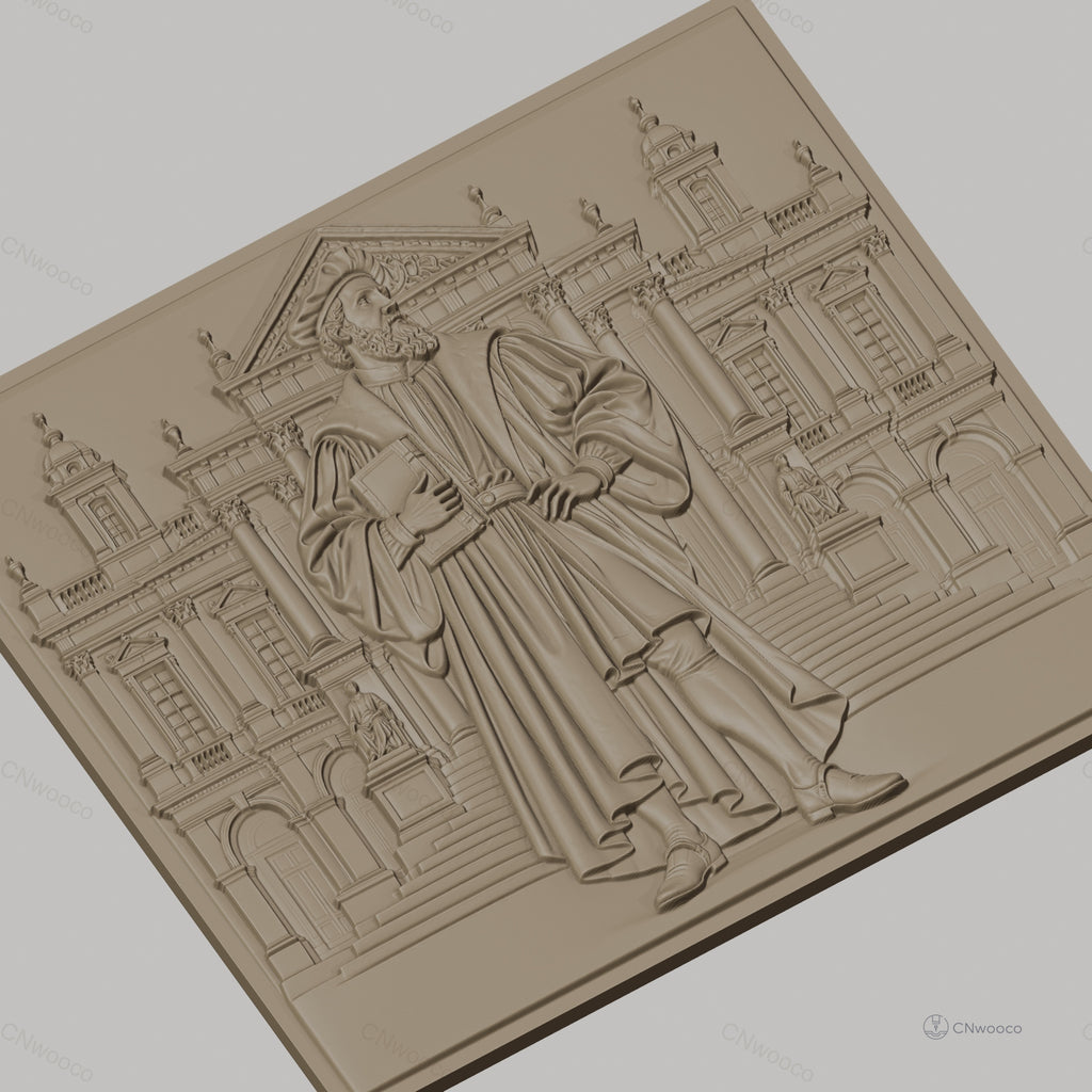 Fichier CNC & impression 3D explorateur Renaissance, homme en habit d'époque et architecture classique, haute qualité relief STL