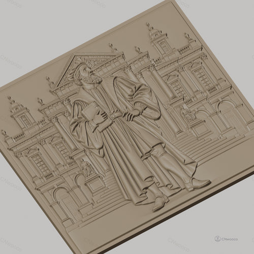 Fichier CNC & impression 3D explorateur Renaissance, homme en habit d'époque et architecture classique, haute qualité relief STL