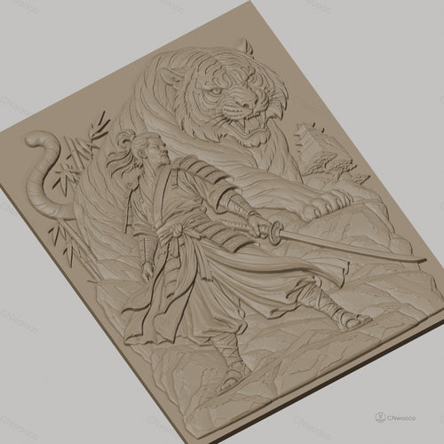 Fichier CNC & impression 3D samouraï et tigre, épée, bambou, pagode, haute qualité relief STL