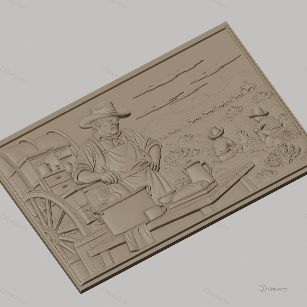 Fichier CNC & impression 3D scène cowboy western, chef cuisinier, feu de camp, charrette couverte, haute qualité relief STL