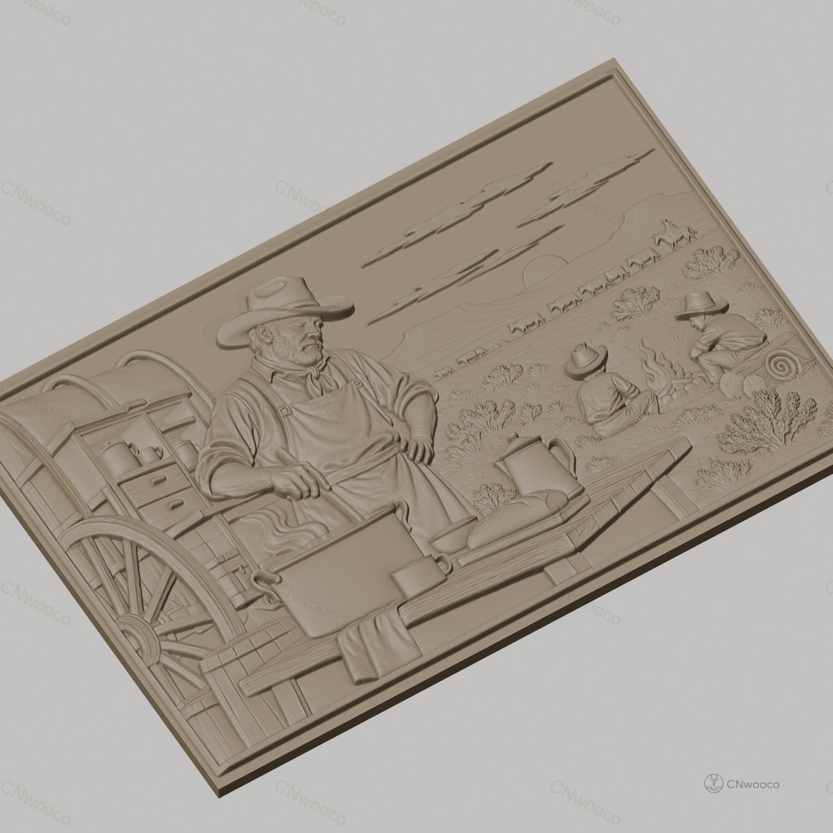 Fichier CNC & impression 3D scène cowboy western, chef cuisinier, feu de camp, charrette couverte, haute qualité relief STL
