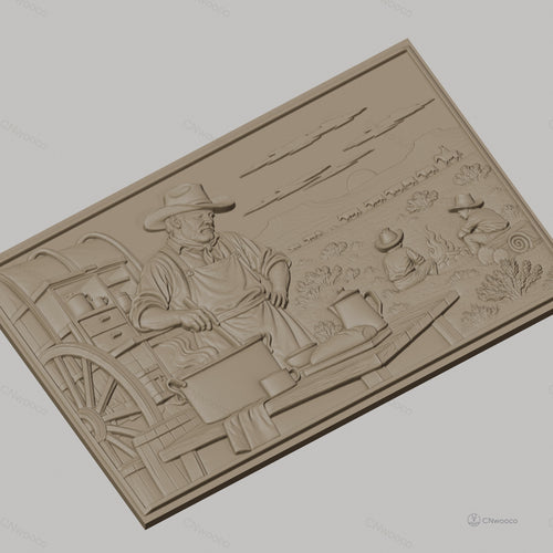 Fichier CNC & impression 3D scène cowboy western, chef cuisinier, feu de camp, charrette couverte, haute qualité relief STL