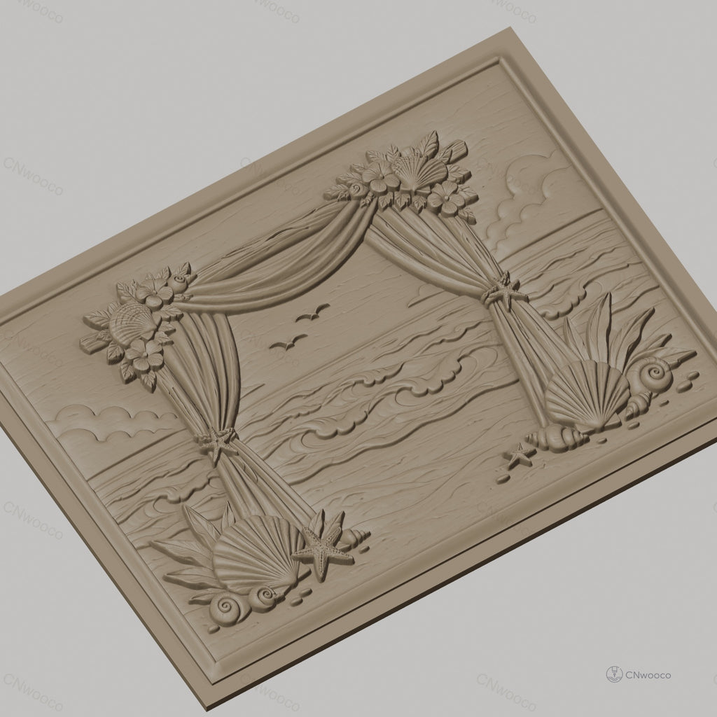 Fichier CNC & impression 3D scène plage, rideaux, coquillages, vague haute qualité relief STL