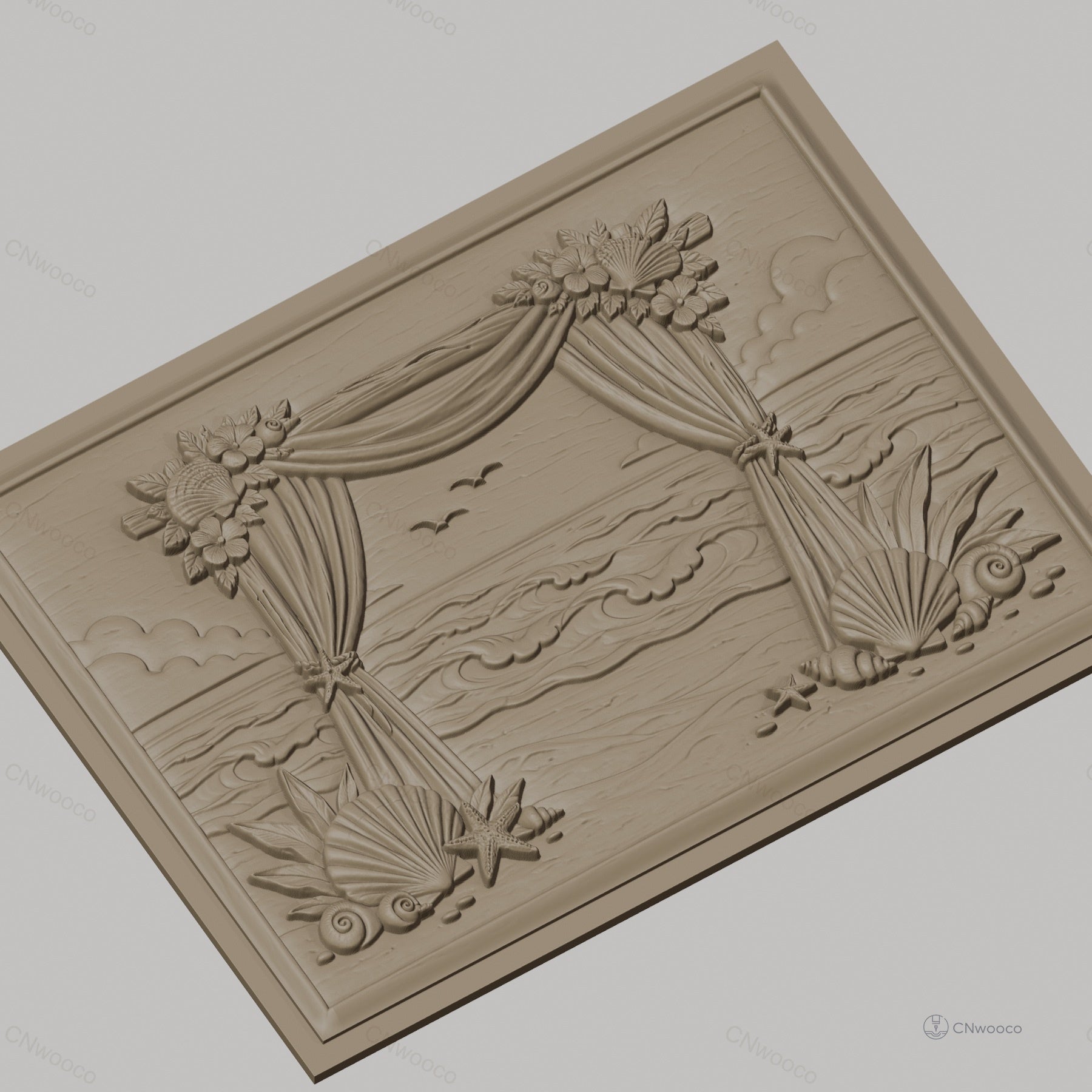 Fichier CNC & impression 3D scène plage, rideaux, coquillages, vague haute qualité relief STL