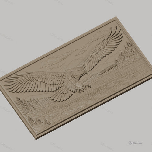 Fichier CNC & impression 3D aigle en vol, rivière, forêt, montagne, maison, pont, haute qualité relief STL