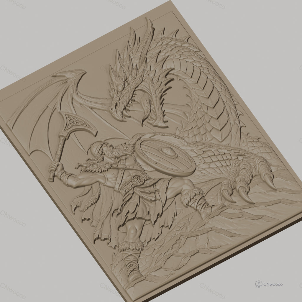 Fichier CNC & impression 3D guerrier viking combattant dragon, hache bouclier combat fantastique, haute qualité relief STL