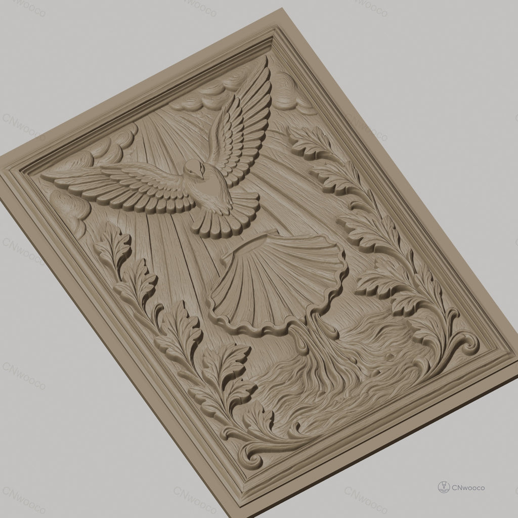 Fichier CNC & impression 3D colombe sacrée, baptême coquille et feuilles, haute qualité relief STL