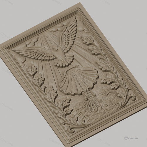 Fichier CNC & impression 3D colombe sacrée, baptême coquille et feuilles, haute qualité relief STL
