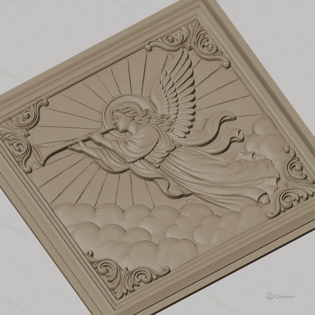 Fichier CNC & impression 3D ange trompettiste, nuages et rayons célestes, haute qualité relief STL