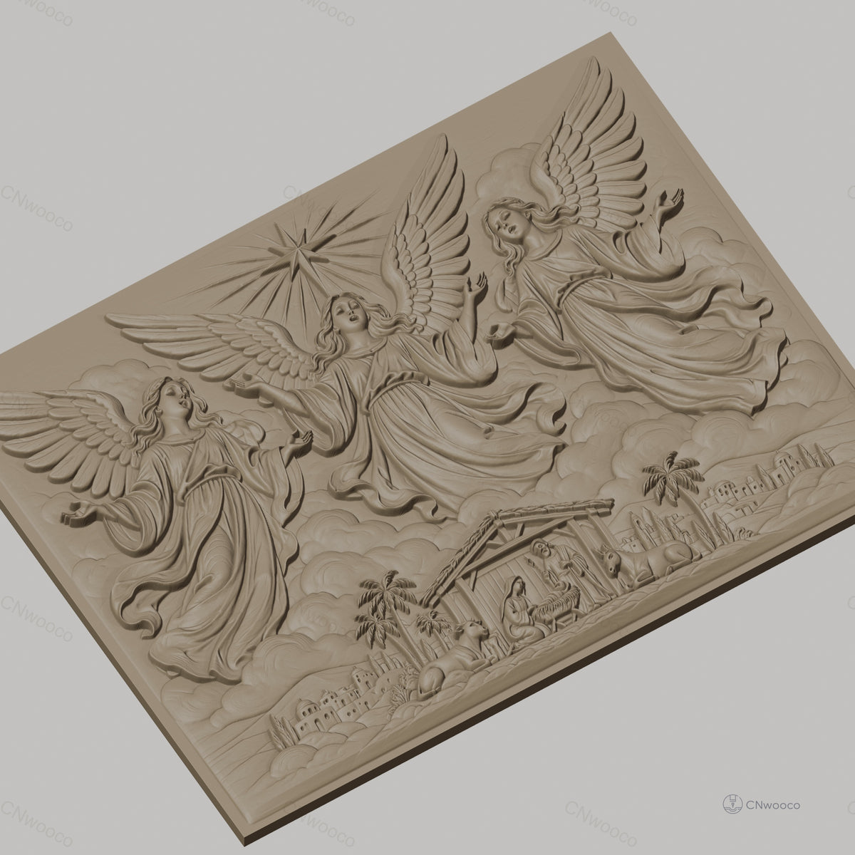 Fichier CNC & impression 3D scène de la Nativité avec anges, crèche, animaux et étoile, haute qualité relief STL