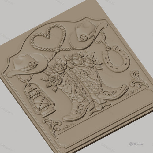 Fichier CNC & impression 3D thème western, bottes de cow-boy, chapeaux, lasso en forme de cœur, lanterne et fer à cheval, haute qualité relief STL