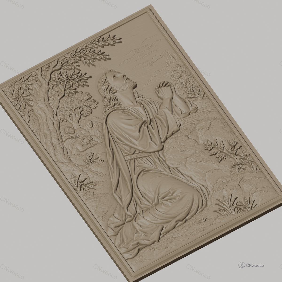 Fichier CNC & impression 3D Jésus en prière au jardin, arbres, disciples endormis, haute qualité relief STL