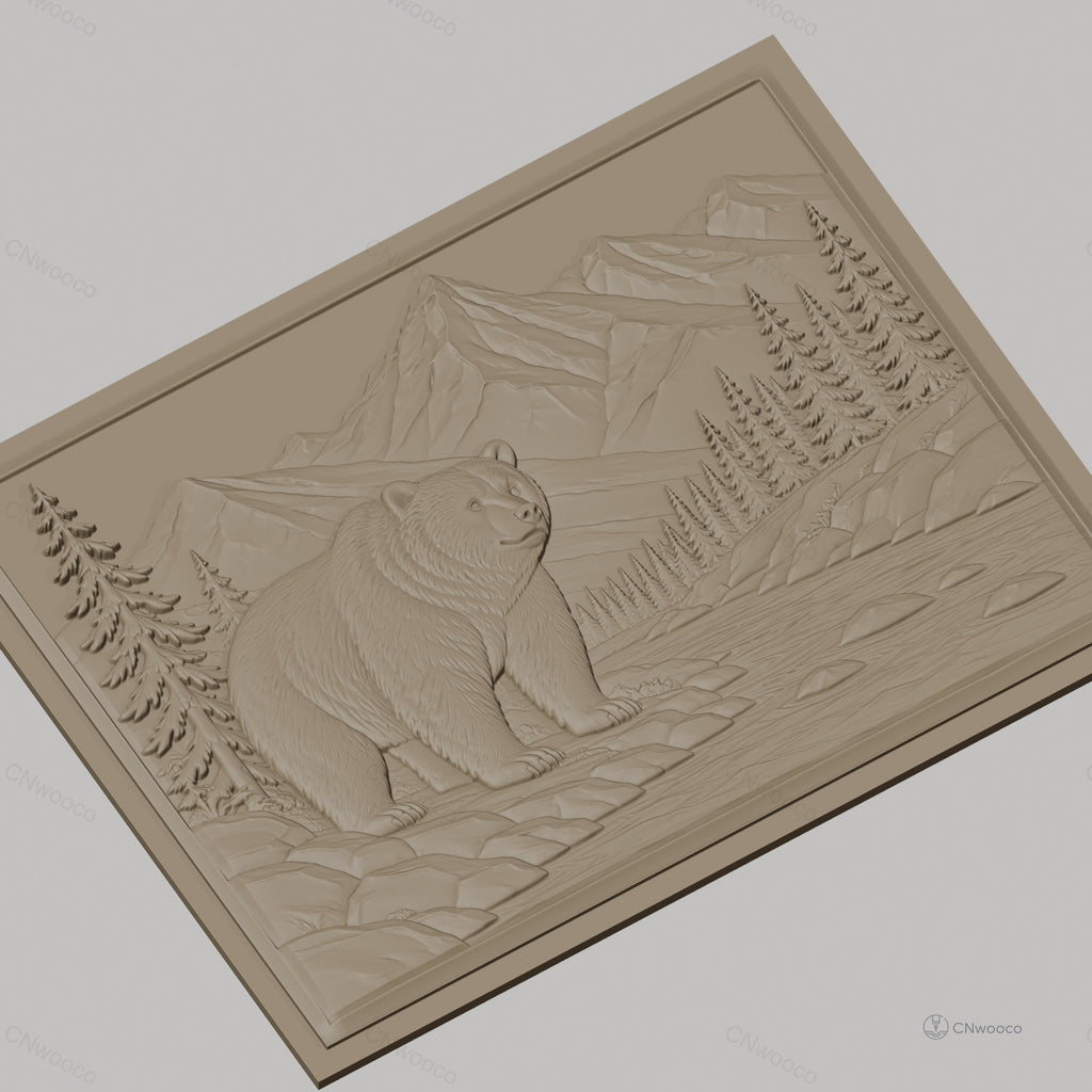 Fichier CNC & impression 3D relief ours, montagnes, rivière et pins, haute qualité relief STL