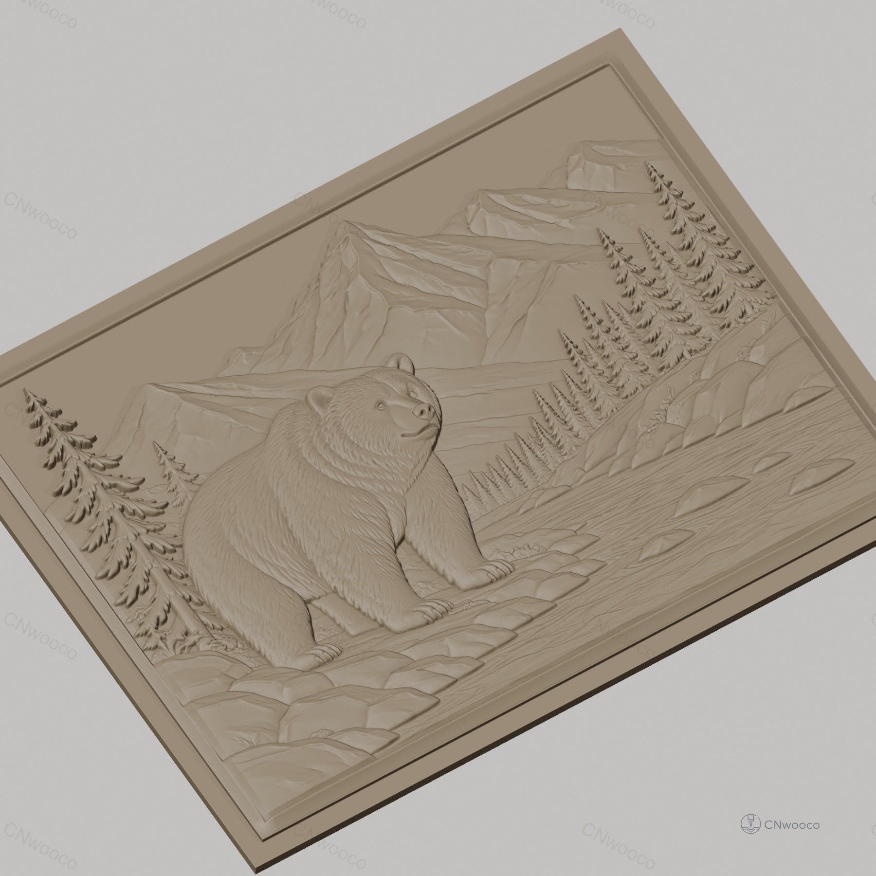 Fichier CNC & impression 3D relief ours, montagnes, rivière et pins, haute qualité relief STL