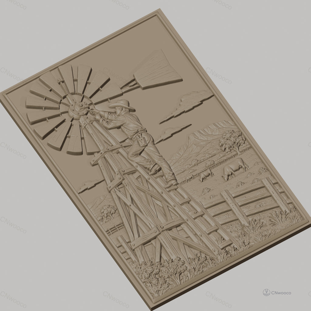 Fichier CNC & impression 3D ferme américaine, homme réparant une éolienne, paysage avec vaches, haute qualité relief STL