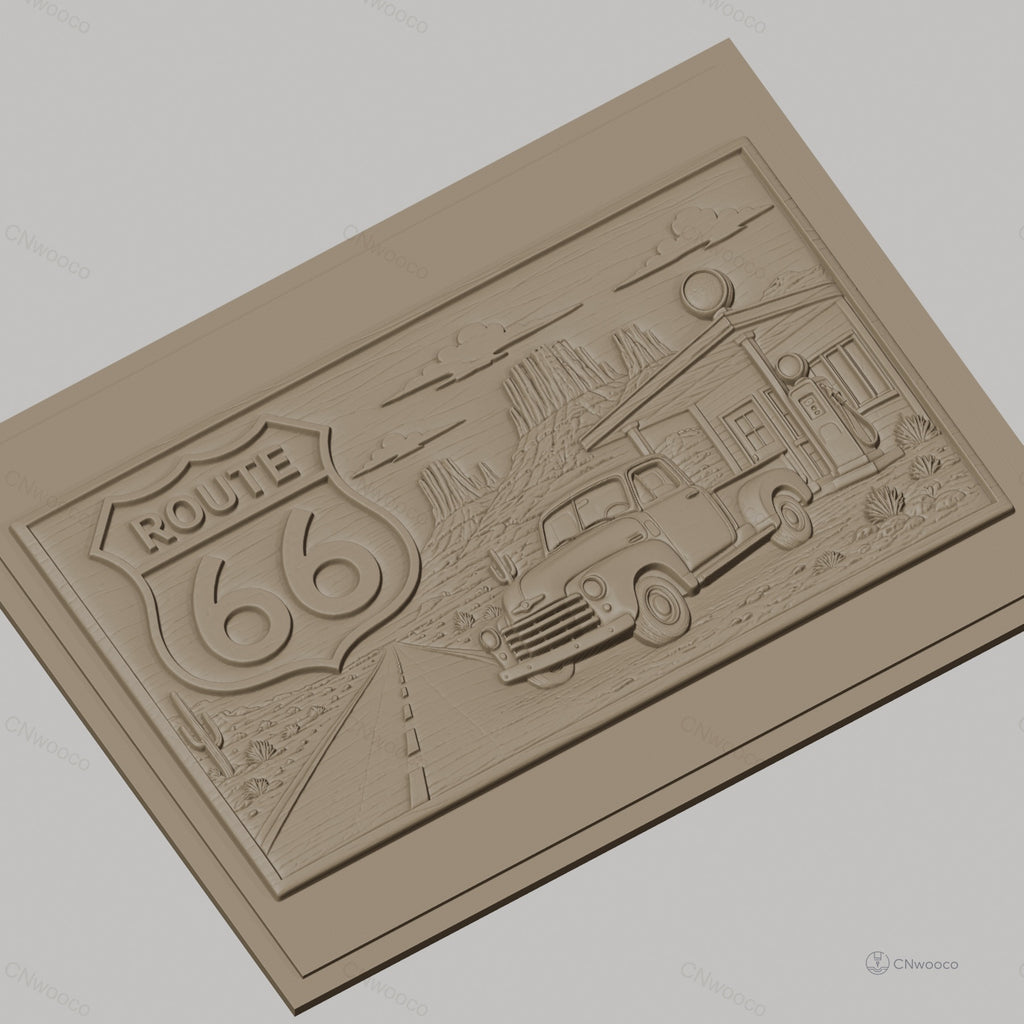 Fichier CNC & impression 3D Route 66, pick-up ancien et station-service, haute qualité relief STL
