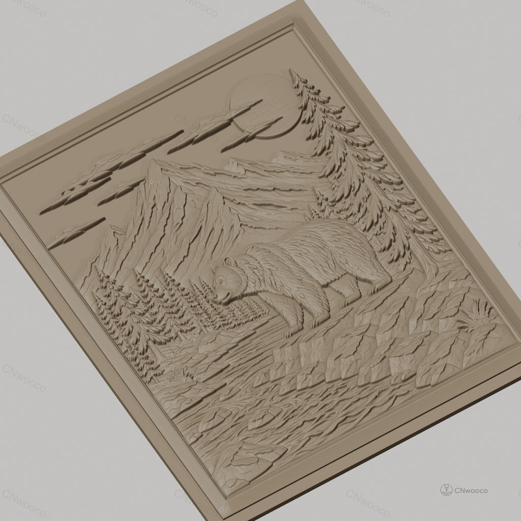 Fichier CNC & impression 3D nature sauvage, ours, rivière, montagnes, pins, haute qualité relief STL