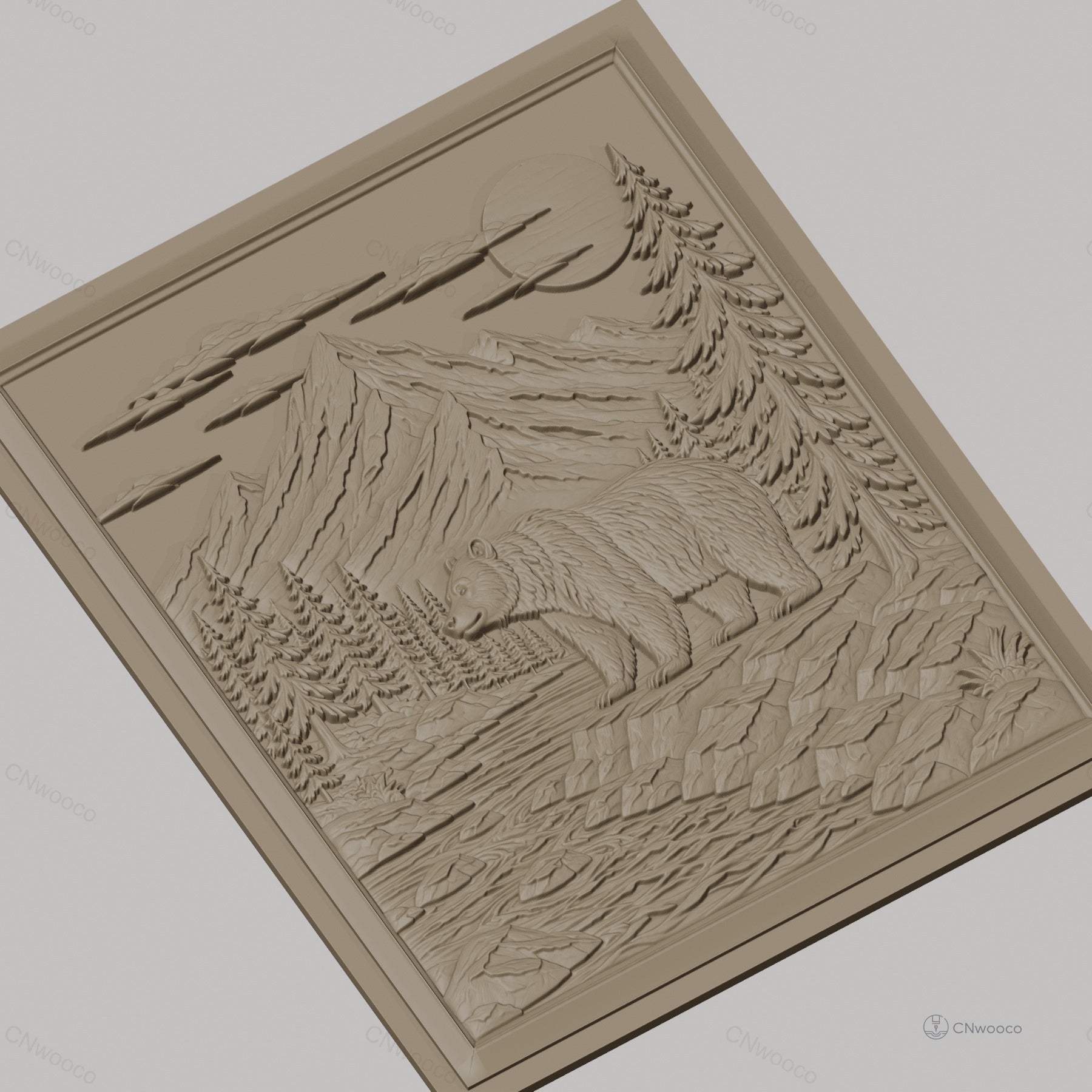 Fichier CNC & impression 3D nature sauvage, ours, rivière, montagnes, pins, haute qualité relief STL