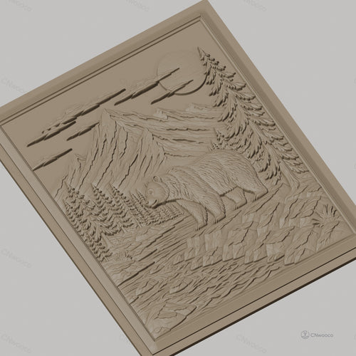 Fichier CNC & impression 3D nature sauvage, ours, rivière, montagnes, pins, haute qualité relief STL