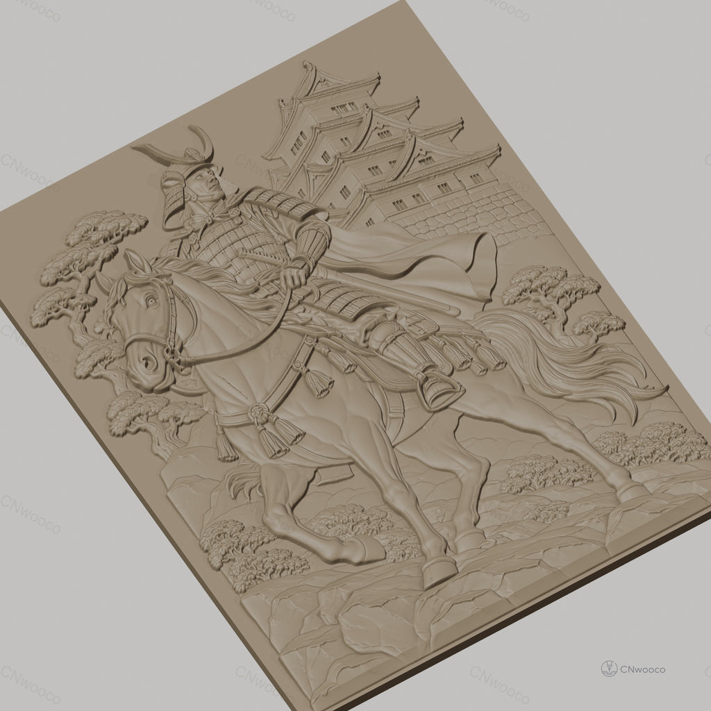 Fichier CNC & impression 3D samouraï à cheval, château japonais, arbres et rochers, haute qualité relief STL