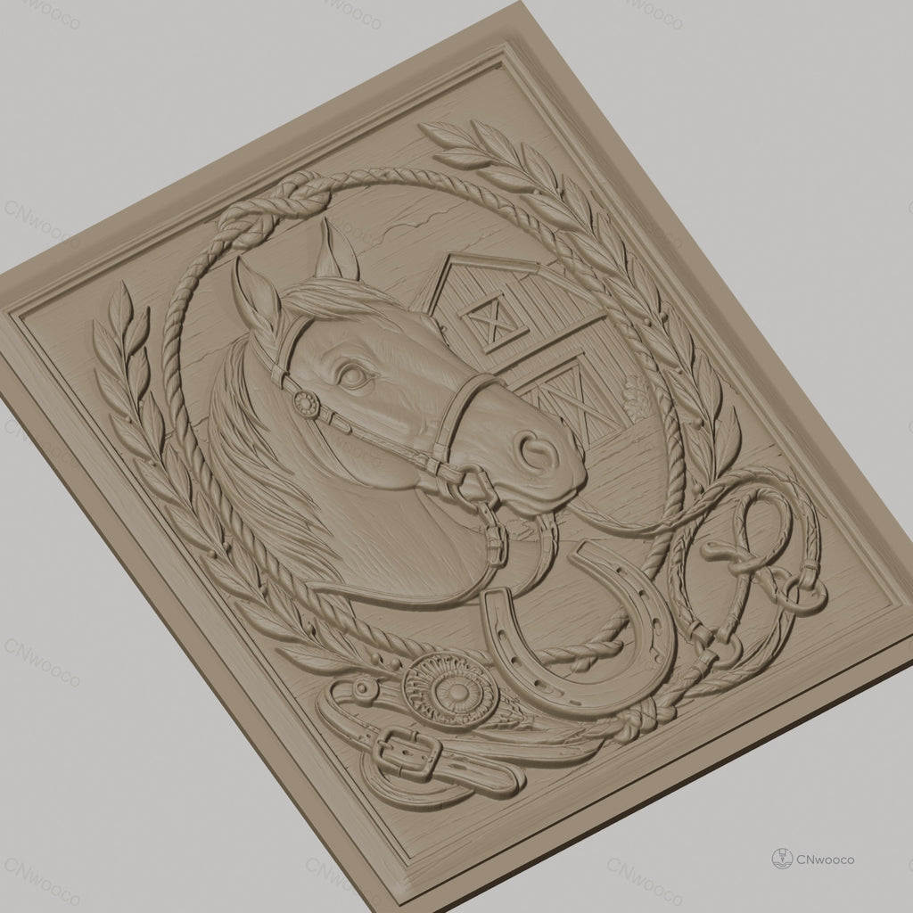 Fichier CNC & impression 3D cheval, fer à cheval, écurie, relief style western haute qualité relief STL