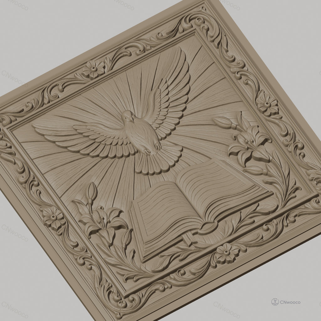 Fichier CNC & impression 3D colombe sacrée, livre ouvert fleurs et cadre ornemental, haute qualité relief STL