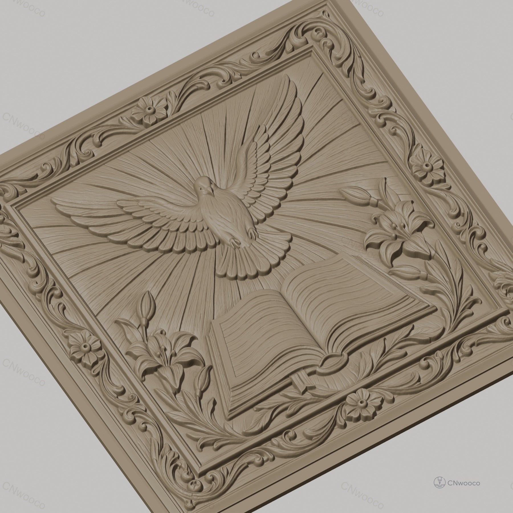 Fichier CNC & impression 3D colombe sacrée, livre ouvert fleurs et cadre ornemental, haute qualité relief STL