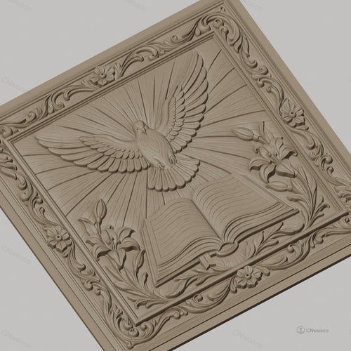 Fichier CNC & impression 3D colombe sacrée, livre ouvert fleurs et cadre ornemental, haute qualité relief STL