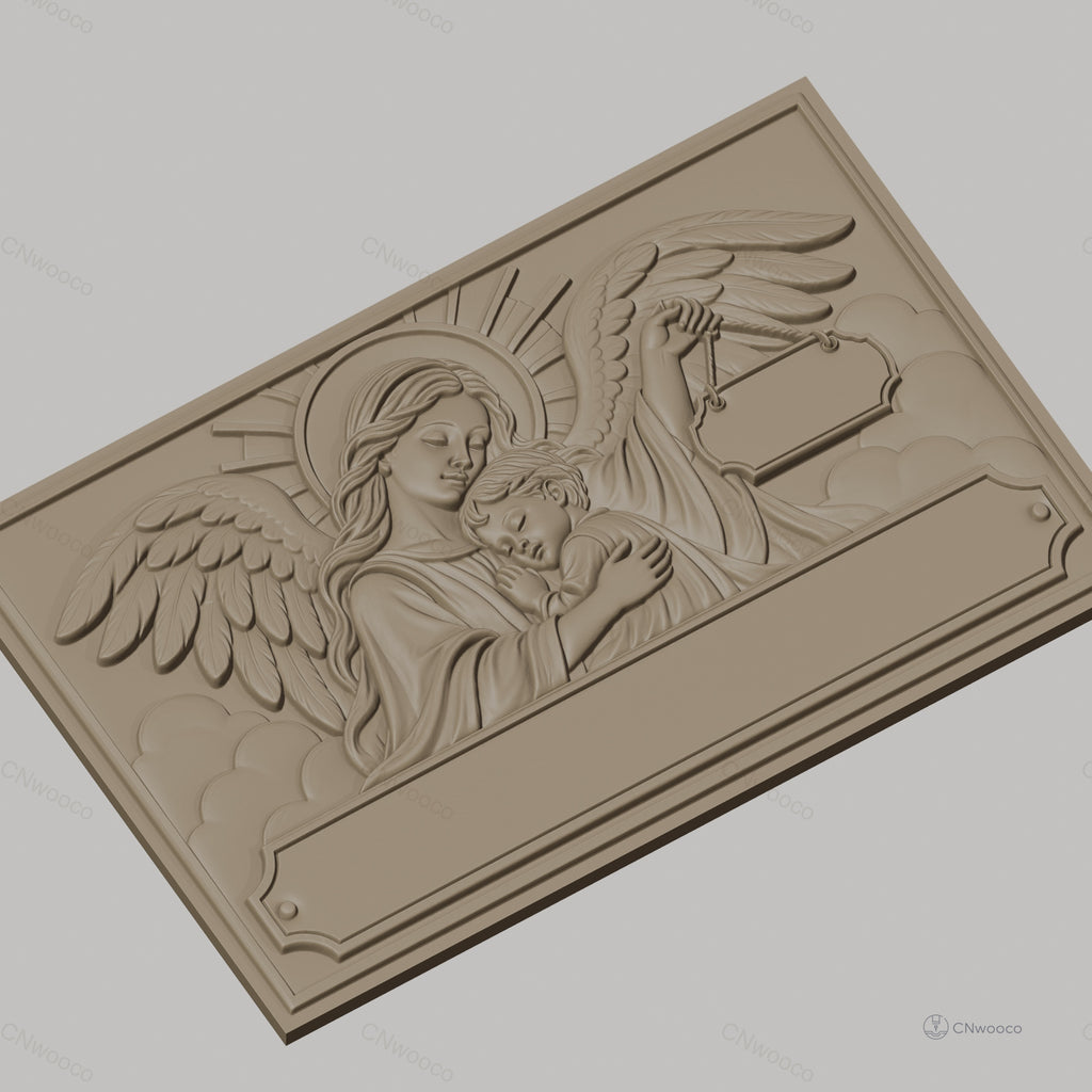 Fichier CNC & impression 3D ange gardien, enfant en étreinte avec ailes et auréole, haute qualité relief STL