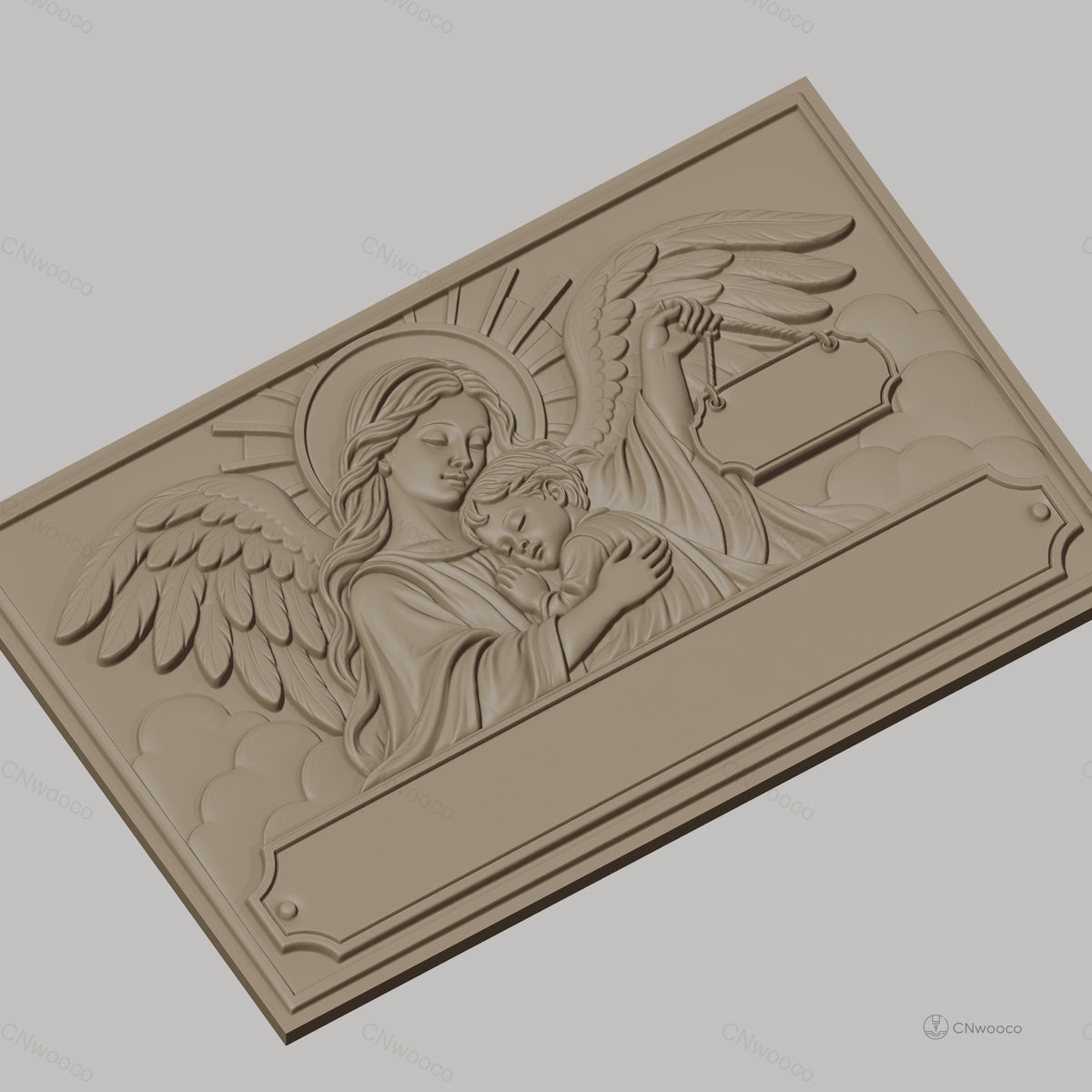 Fichier CNC & impression 3D ange gardien, enfant en étreinte avec ailes et auréole, haute qualité relief STL