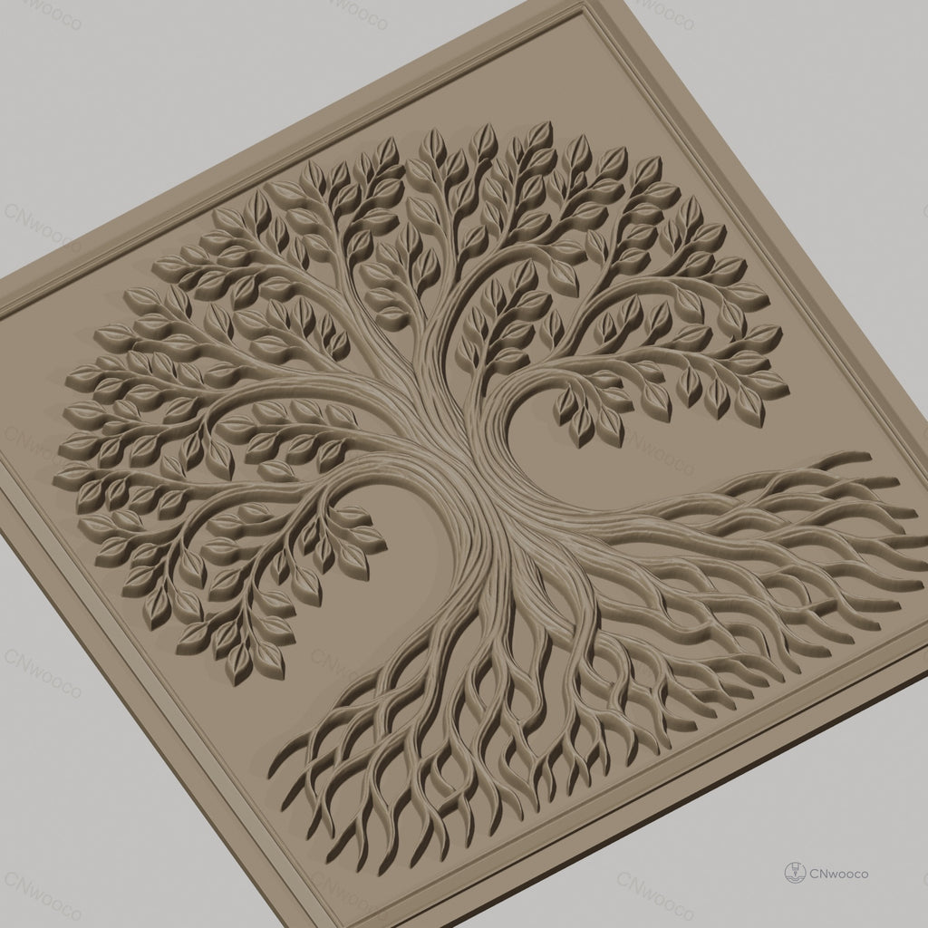 Fichier CNC & impression 3D arbre de vie avec feuilles et racines entrelacées haute qualité relief STL