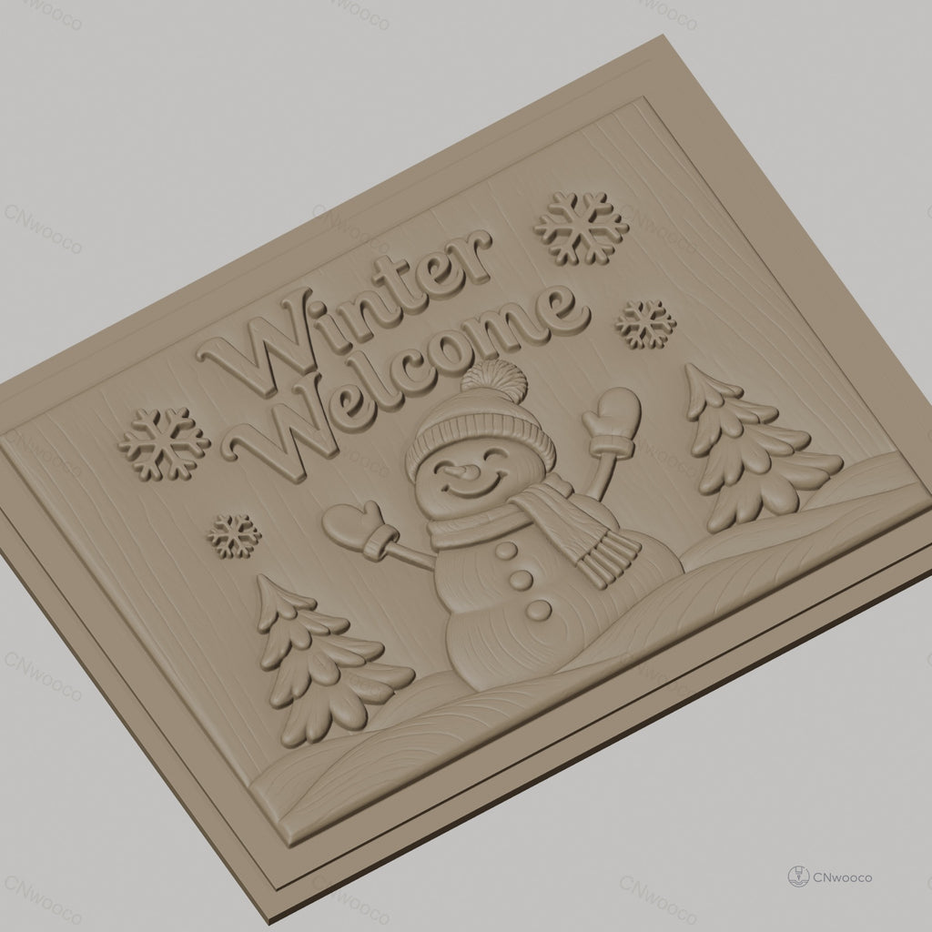 Fichier CNC & impression 3D bonhomme de neige hiver, sapins et flocons, haute qualité relief STL
