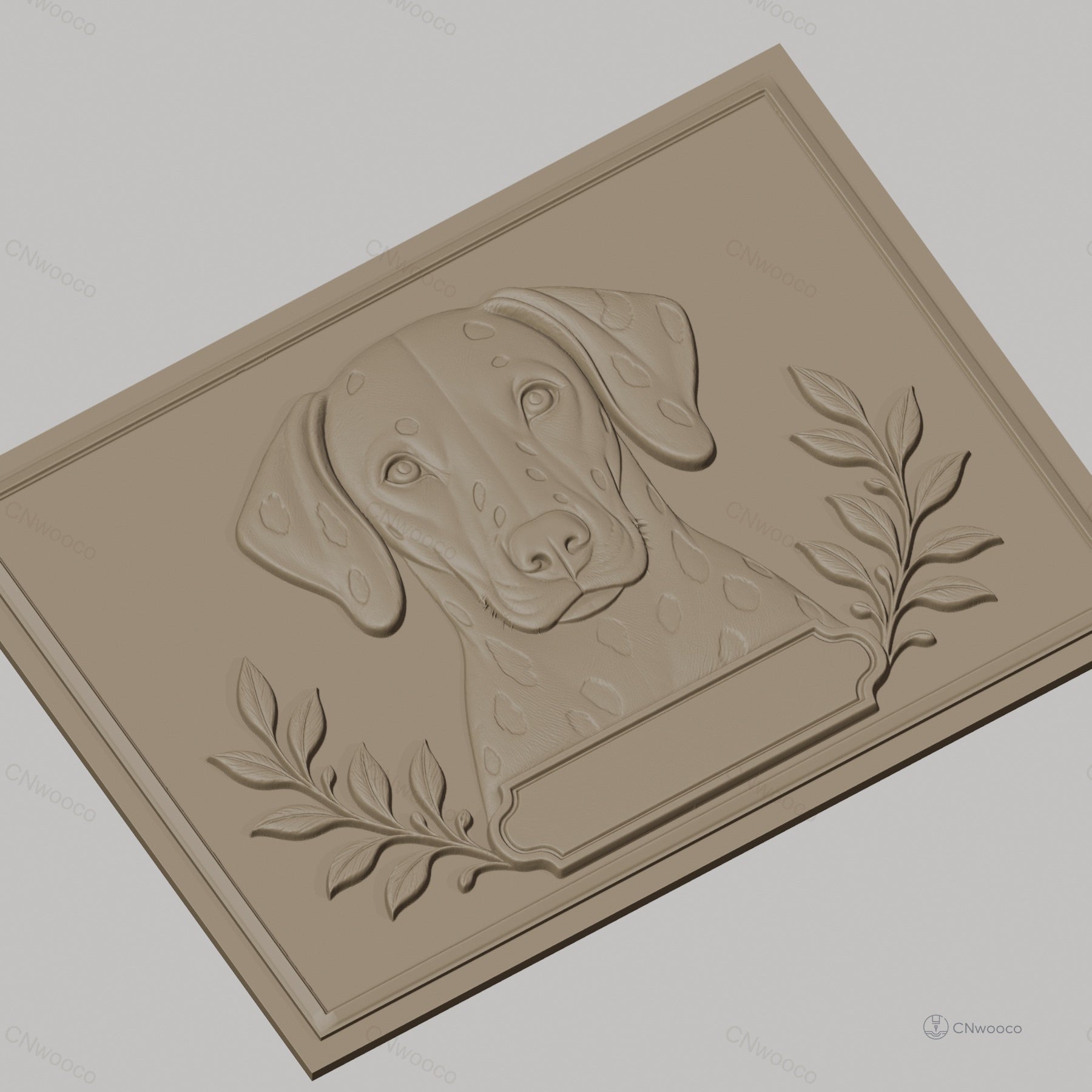 Fichier CNC & impression 3D chien dalmatien portrait avec feuilles décoration haute qualité relief STL
