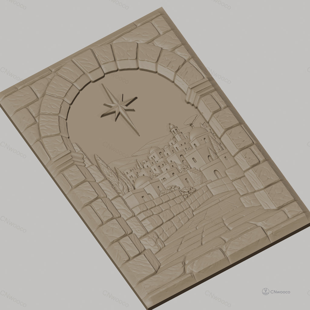 Fichier CNC & impression 3D paysage de village médiéval, arche en pierre et chemin pavé, haute qualité relief STL