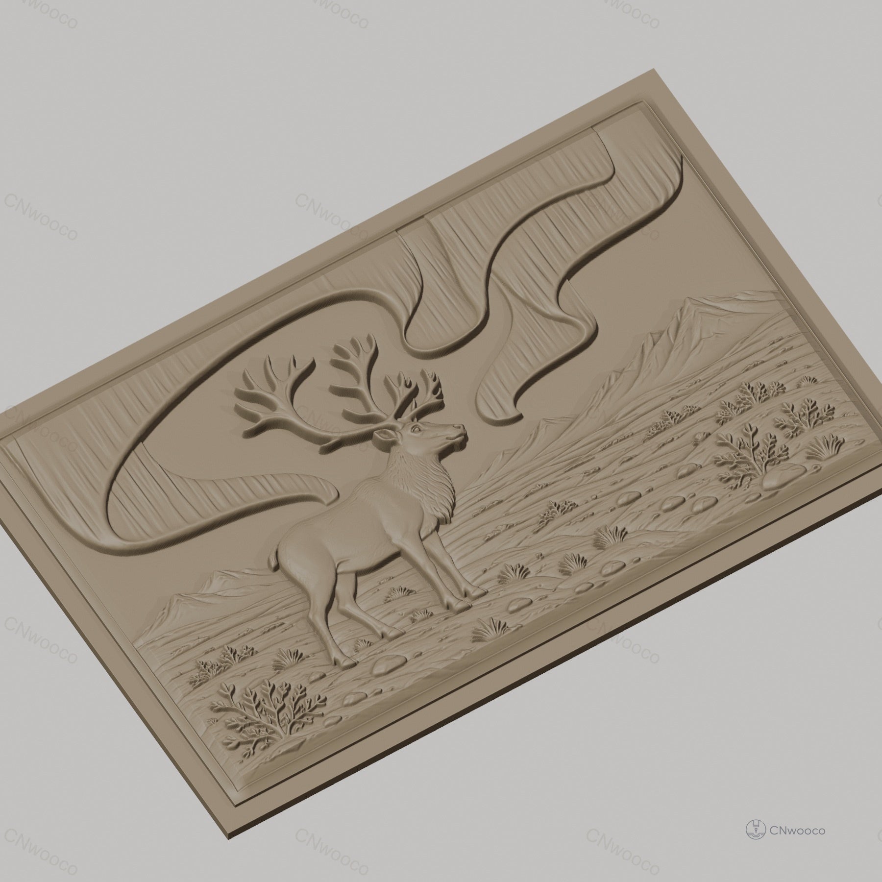 Fichier CNC & impression 3D Cerf avec bois, paysage montagnard et plantes, haute qualité relief STL