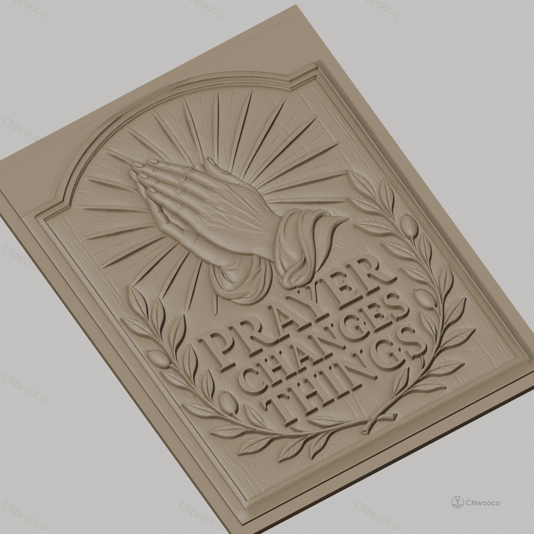 Fichier CNC & impression 3D mains en prière, rayons lumineux et couronne de feuilles, haute qualité relief STL