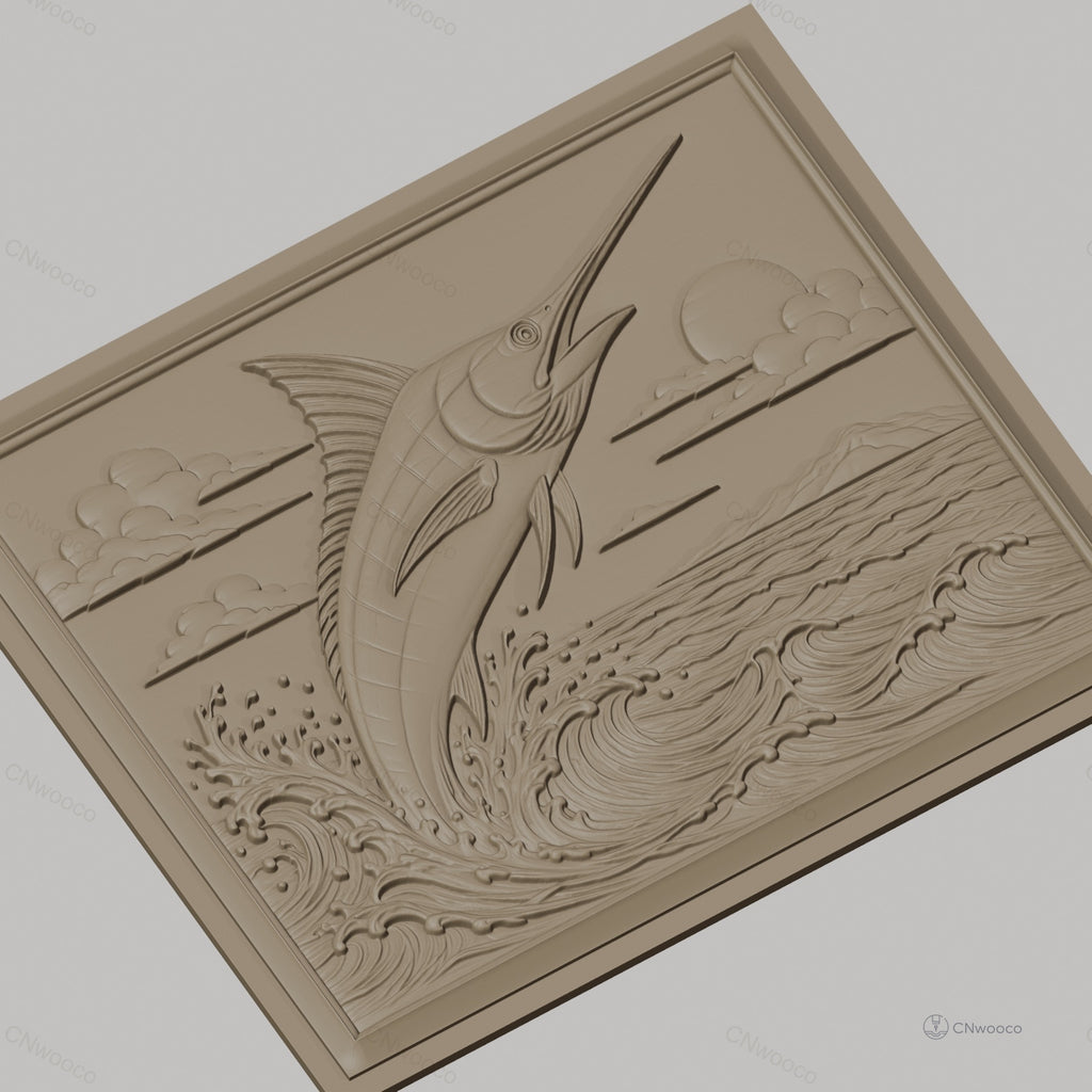 Fichier CNC & impression 3D poisson espadon sautant, vagues océan et ciel nuageux, haute qualité relief STL