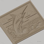 Fichier CNC & impression 3D poisson espadon sautant, vagues océan et ciel nuageux, haute qualité relief STL