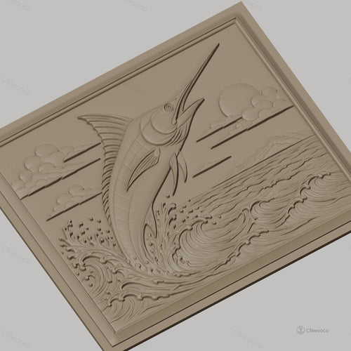 Fichier CNC & impression 3D poisson espadon sautant, vagues océan et ciel nuageux, haute qualité relief STL