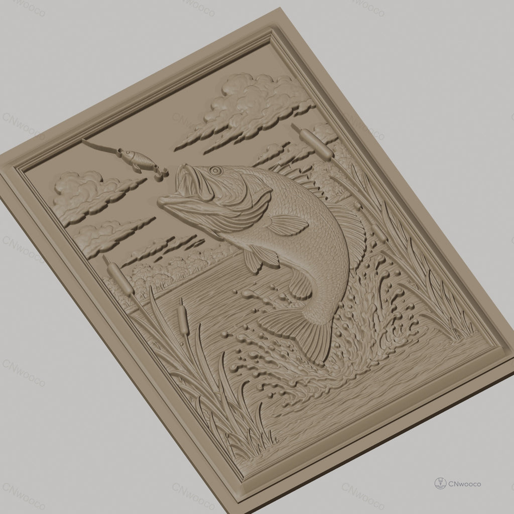 Fichier CNC & impression 3D poisson bass sautant, eau, plantes aquatiques haute qualité relief STL