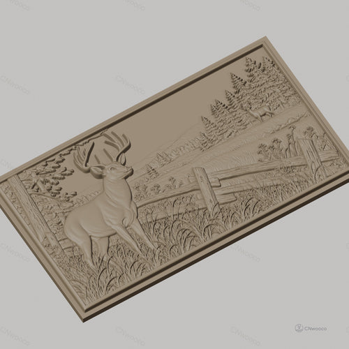 Fichier CNC & impression 3D cerf et paysage forestier, clôture en bois, haute qualité relief STL