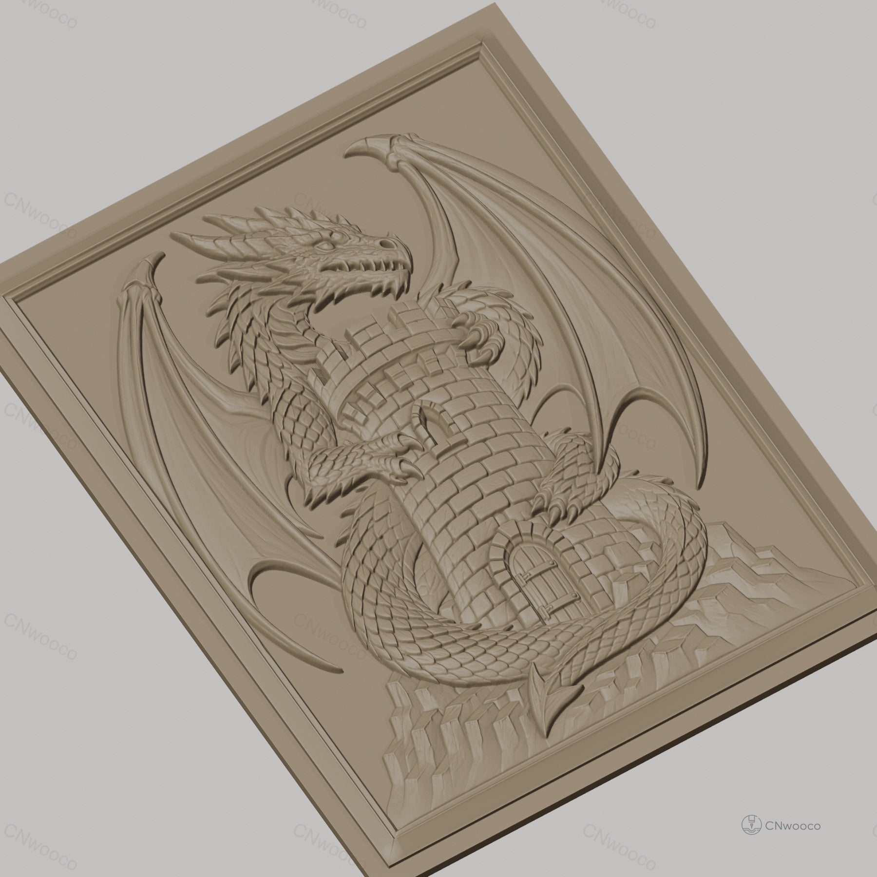 Fichier CNC & impression 3D dragon médiéval avec tour en pierre, haute qualité relief STL