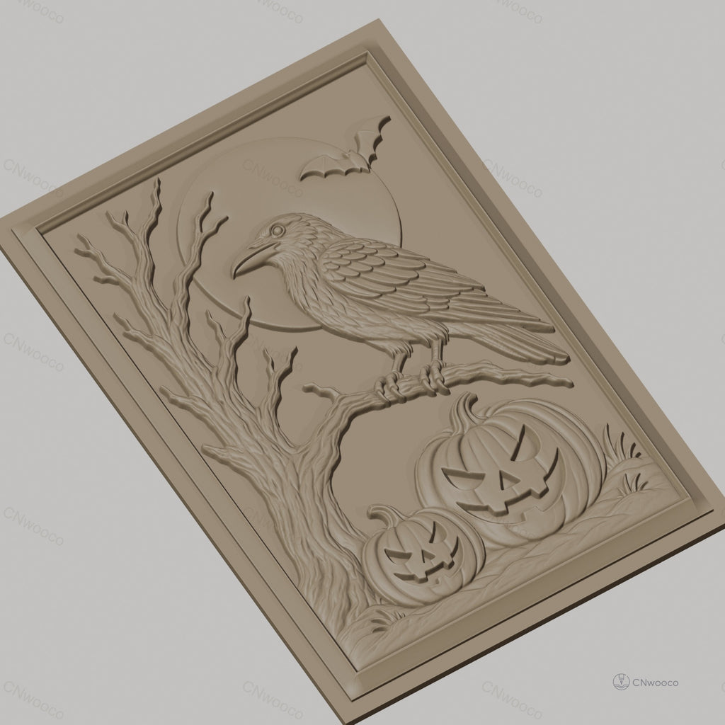 Fichier CNC & impression 3D Halloween, citrouilles, corbeau, arbre, chauve-souris, lune, haute qualité relief STL