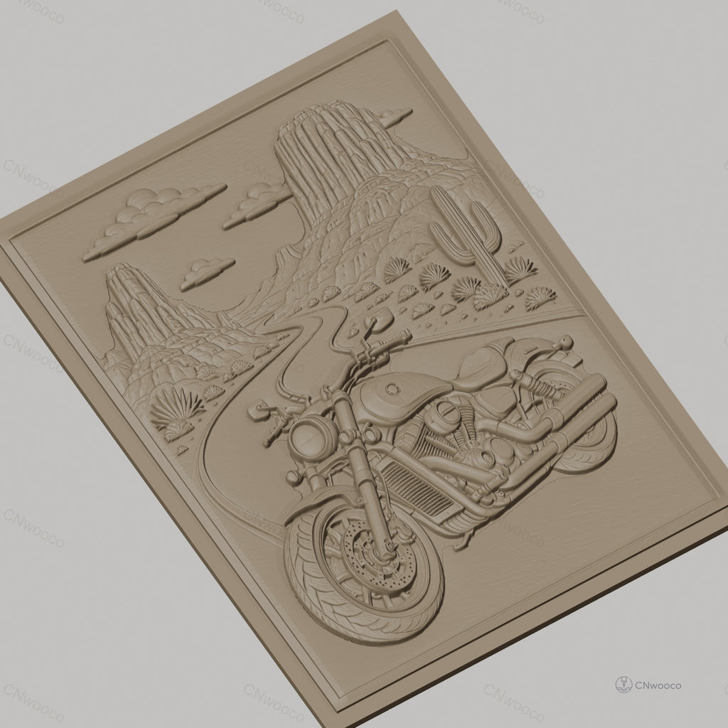 Fichier CNC & impression 3D moto sur route désertique, relief paysage cactus haute qualité relief STL