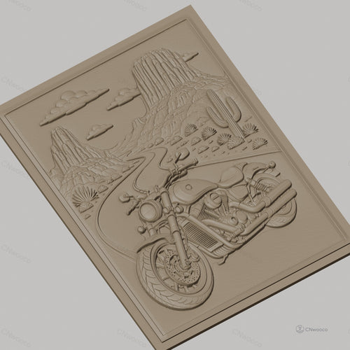 Fichier CNC & impression 3D moto sur route désertique, relief paysage cactus haute qualité relief STL