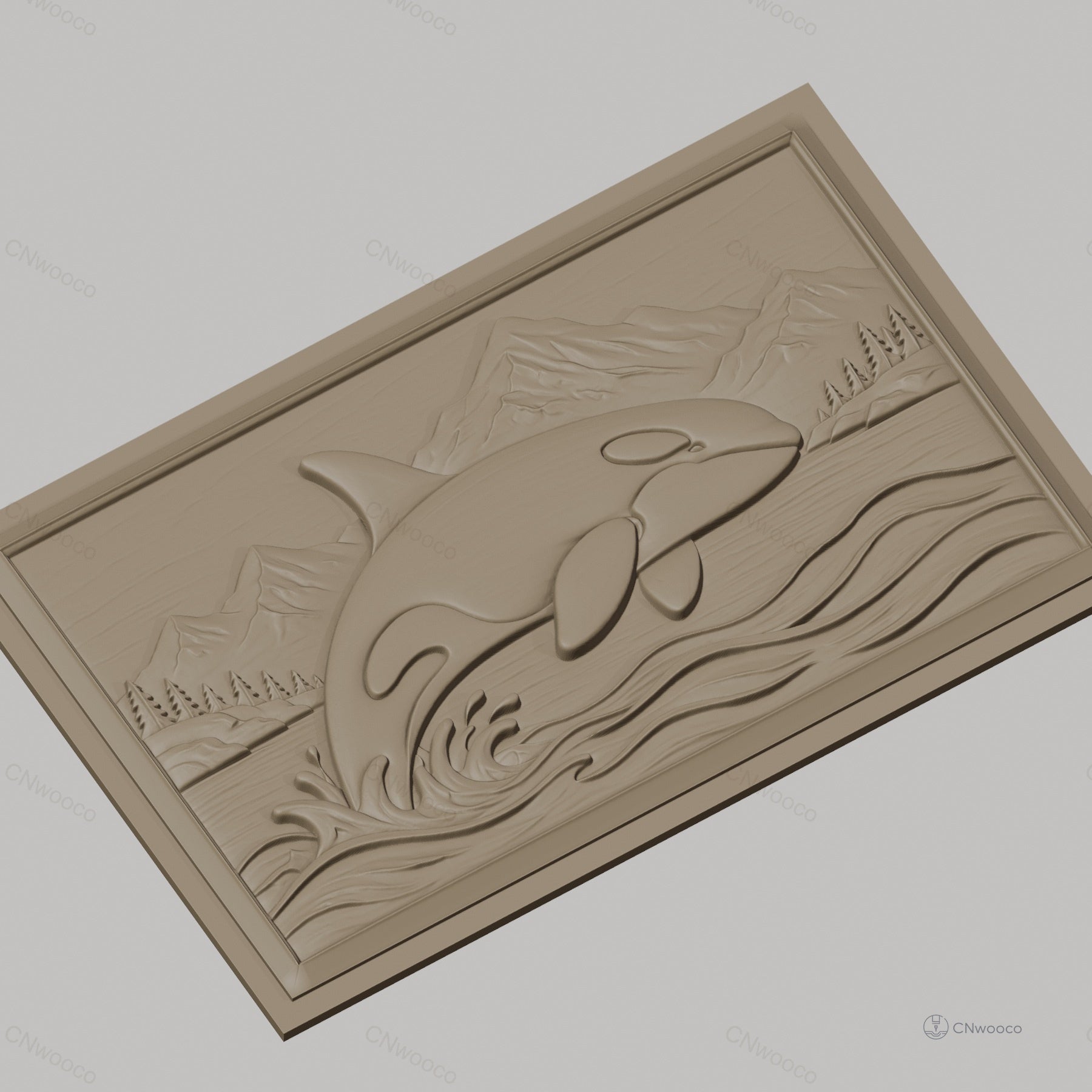 Fichier CNC & impression 3D orque sautant, vague, montagne et forêt, haute qualité relief STL