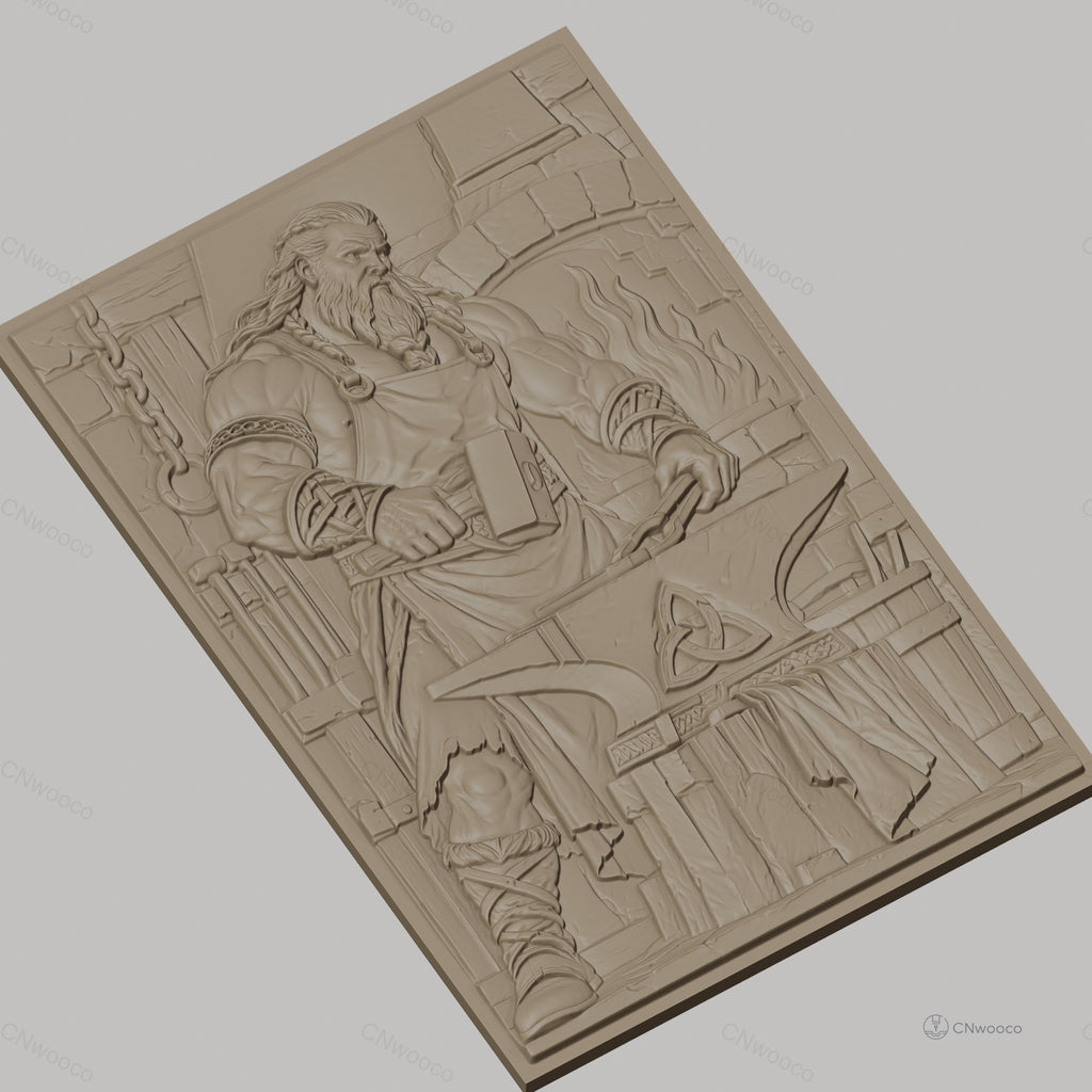 Fichier CNC & impression 3D forgeron viking avec enclume et feu, haute qualité relief STL