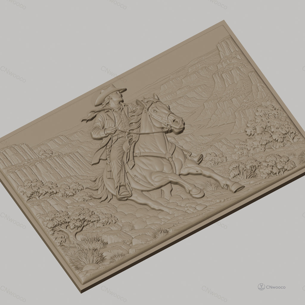 Fichier CNC & impression 3D cowboy à cheval dans canyon, paysage sauvage, haute qualité relief STL